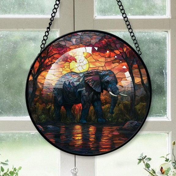 Customized Elephant Stained Glass Window Hangings, Elephant Colorful Glass Panel Pretty Gifts, Elephant Decoration for Home Garden Christmas P53oGY