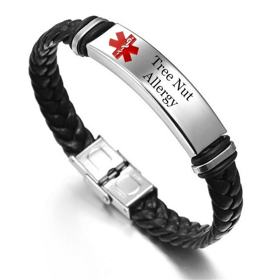 Customized Engraving Medical Alert ID Bracelet Tree Nut Allergy Awareness SOS Braided Leather Bangle Personalized Wristband Emergency Life Saving Jewelry for Women Men