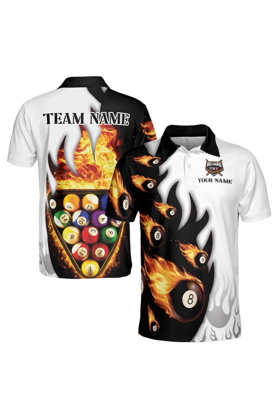 Customized Flaming Billiard Team Name Men's Polo S-5XL