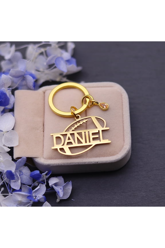 Customized Football Sports Keychain Custom Number Name Rugby Ball Birthstone Keyring DIY Stainless Steel Key Chain Birthday Gift