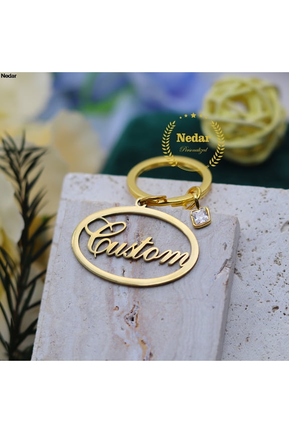 Customized Geometric Round Birthstone Stainless Steel Circle Engraved Letters Keychain Custom Name Keyring for Women Men