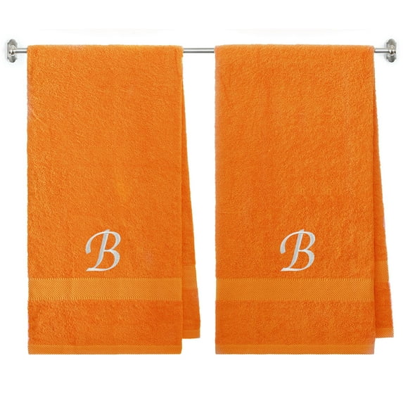 Customized Gift - Terry Cotton Bath Towel for Bath, Shower - Personalized Gift -27 x 54 inches - 2-Pack - Orange Color Towel - Silver Script Initial B
