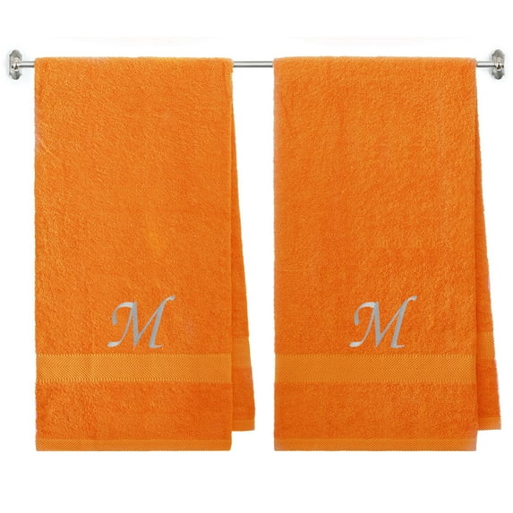 Customized Gift - Terry Cotton Bath Towel for Bath, Shower - Personalized Gift -27 x 54 inches - 2-Pack - Orange Color Towel - Silver Script Initial M