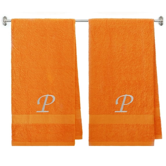 Customized Gift - Terry Cotton Bath Towel for Bath, Shower - Personalized Gift -27 x 54 inches - 2-Pack - Orange Color Towel - Silver Script Initial P