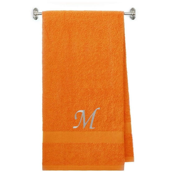Customized Gift - Terry Cotton Bath Towel for Bath, Shower - Personalized Gift - Cover up Towel for Swimming Pool, Fitness and Beach - 35 x 65 inches - Orange Color Towel - Silver Script Initial M