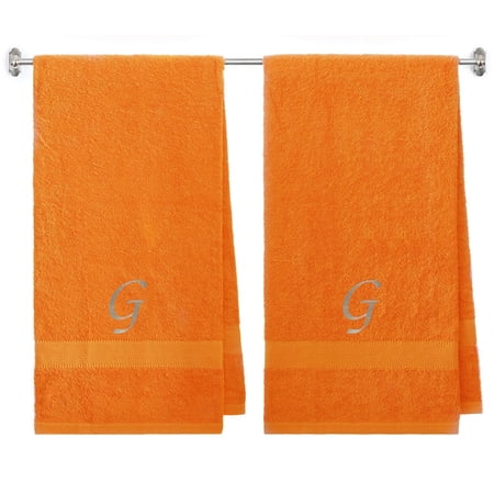 Customized Gift - Terry Cotton Bath Towel for Bath, Shower - Personalized Gift -27 x 54 inches - 2-Pack - Orange Color Towel - Silver Script Initial G