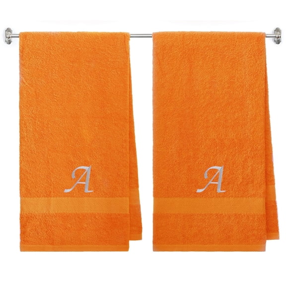 Customized Gift - Terry Cotton Bath Towel for Bath, Shower - Personalized Gift - 27 x 54 inches - 2-Pack - Orange Color Towel - Silver Script Initial A