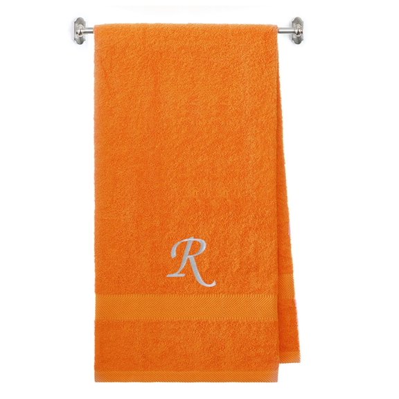 Customized Gift - Terry Cotton Bath Towel for Bath, Shower - Personalized Gift - Cover up Towel for Swimming Pool, Fitness and Beach - 35 x 65 inches - Orange Color Towel - Silver Script Initial R