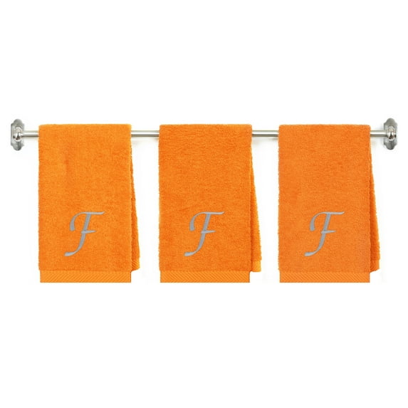 Customized Gift - Terry Cotton Hand Towel for Bathroom and Kitchen - Personalized Gift - 16 x 27 inches - 3-Pack - Orange Color Towel - Silver Script Initial F