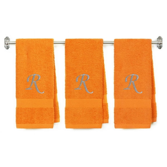 Customized Gift - Terry Cotton Hand Towel for Bathroom and Kitchen - Personalized Gift - 16 x 27 inches - 3-Pack - Orange Color Towel - Silver Script Initial R