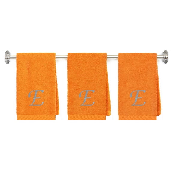 Customized Gift - Terry Cotton Hand Towel for Bathroom and Kitchen - Personalized Gift - 16 x 27 inches - 3-Pack - Orange Color Towel - Silver Script Initial E