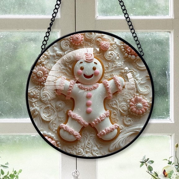 Customized Gingerbread Man Hanging Stained Glass for Windows 30cm, Gingerbread Man Hand-Painted Sun Catcher, Gingerbread Man Garden Hangings Christmas, for Home Dcor QZy491 (Man 3)