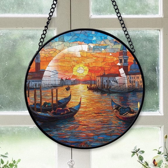 Customized Gondolas a Canal Stained Glass Window Hangings, Gondolas a Canal Colorful Glass Panel Pretty Gifts, Gondolas a Canal Decoration for Home Garden Christmas YW4Mpo