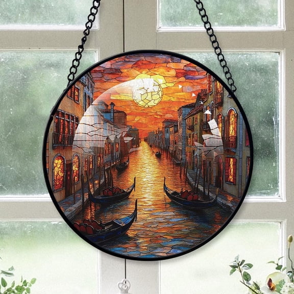 Customized Gondolas a Canal Suncatcher Stained Glass, Gondolas a Canal Gifts for Women for Window Hanging, Gondolas a Canal American Glass Hanging ZzSQV8
