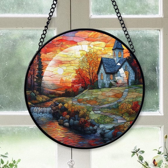 Customized Graceful Church Stained Glass Window Hangings, Graceful Church Colorful Glass Panel Pretty Gifts, Graceful Church Decoration for Home Garden Christmas 96thDn