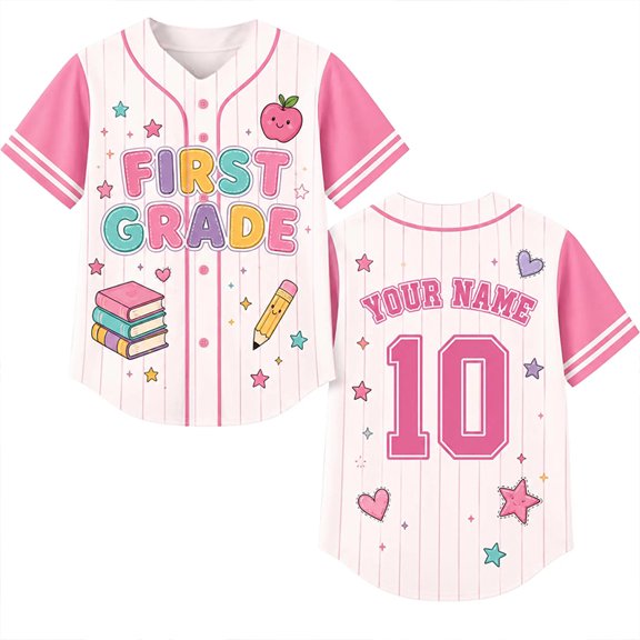 Customized Grade And Name Preppy Stripes Books Apple Pencil Teacher Baseball Jersey, Back To School Gift, Teacher Gift
