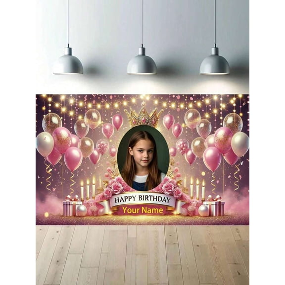 Customized "Happy Birthday" Backdrop Banner, Can Customize Name, Pink And Gold Rose Birthday Party Decorations, Photo Booth Background 5X3FT