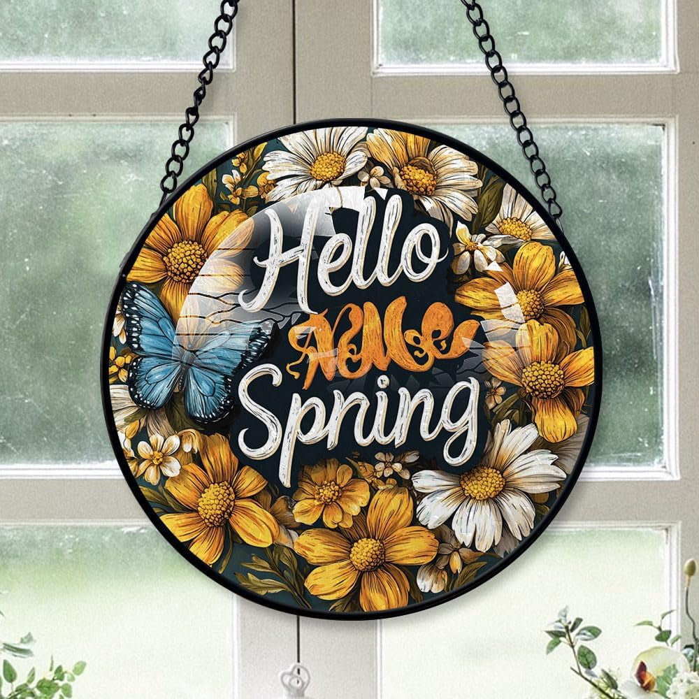 Customized Hello Spring Hanging Stained Glass for Windows 30cm, Hello ...