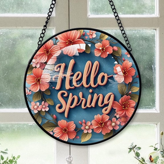 Customized Hello Spring Stained Glass, Hello Spring Glass Panel Sun Catchers Pretty Gifts, Hello Spring Decoration for Home Garden Christmas Party Wedding KNPdab (Hello Spring 51)