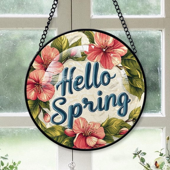 Customized Hello Spring Stained Glass, Hello Spring Glass Panel Sun Catchers Pretty Gifts, Hello Spring Decoration for Home Garden Christmas Party Wedding n1hMdo (Hello Spring 41)