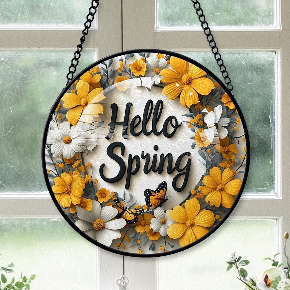 Customized Hello Spring Stained Glass, Hello Spring Suncatchers, Hello ...