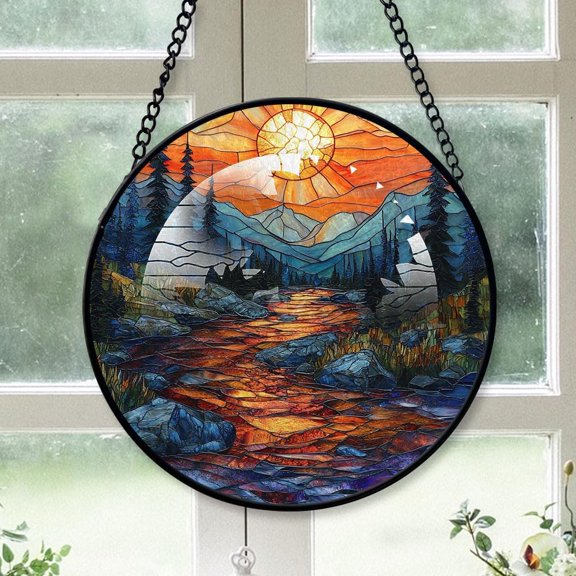 Customized Landscape Hanging Stained Glass for Windows , Landscape Hand-Painted Sun Catcher, Landscape Garden Hangings Christmas, for Home Décor xlYt0E