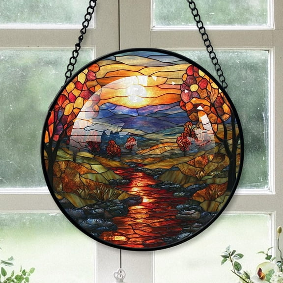 Customized Landscape Stained Glass Window Hangings, Landscape Colorful Glass Panel Pretty Gifts, Landscape Decoration for Home Garden Christmas 07tLQm