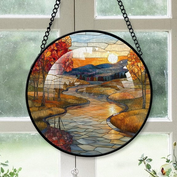 Customized Landscape Stained Glass Window Hangings, Landscape Colorful Glass Panel Pretty Gifts, Landscape Decoration for Home Garden Christmas gaHW1o