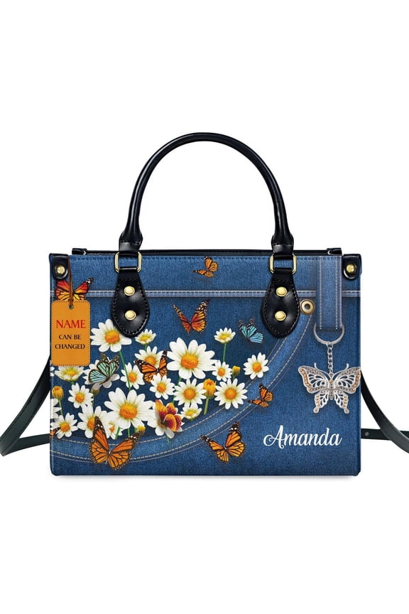 Customized Leather Handbags For Women - Christmas Gifts For Women - Christian Gift, Daisy & Butterfly Background, Custom Name Bag