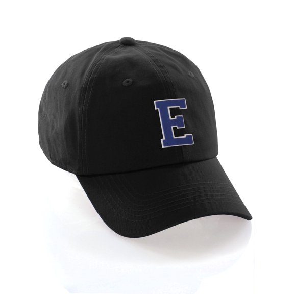 Customized Letter Intial Baseball Hat A to Z Team Colors, Black Cap White Blue Letter E