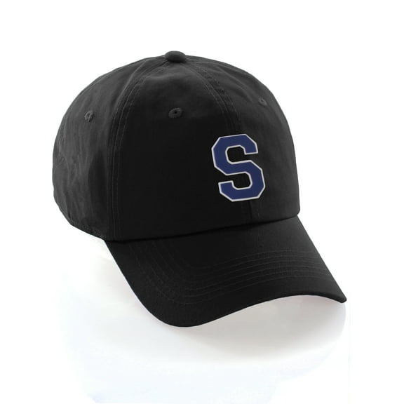 Customized Letter Intial Baseball Hat A to Z Team Colors, Black Cap White Blue Letter S