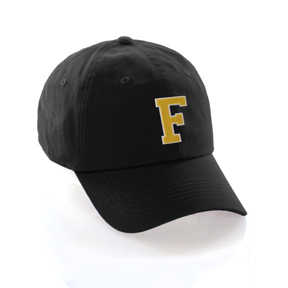 Customized Letter Intial Baseball Hat A to Z Team Colors, Black Cap White Gold Letter F