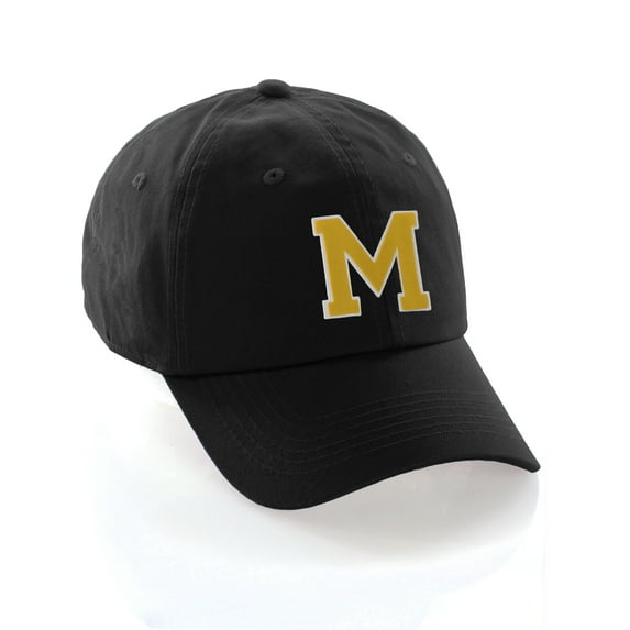 Customized Letter Intial Baseball Hat A to Z Team Colors, Black Cap White Gold Letter M