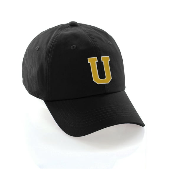 Customized Letter Intial Baseball Hat A to Z Team Colors, Black Cap White Gold Letter U