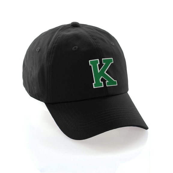 Customized Letter Intial Baseball Hat A to Z Team Colors, Black Cap White Green Letter K