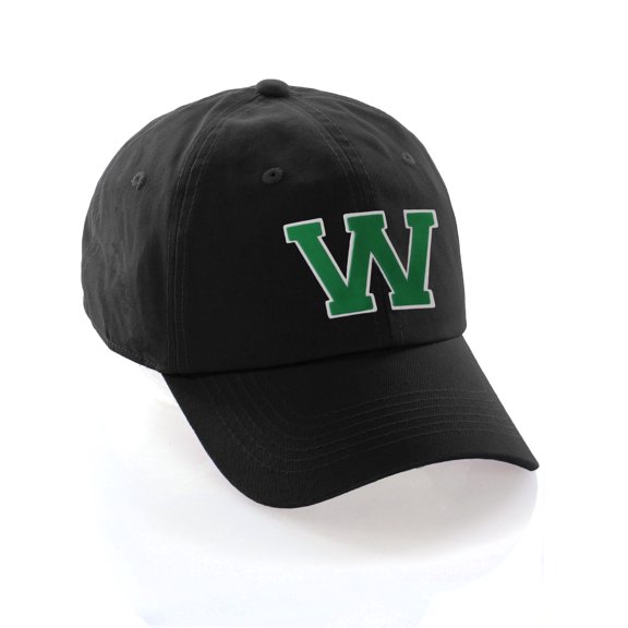 Customized Letter Intial Baseball Hat A to Z Team Colors, Black Cap White Green Letter W