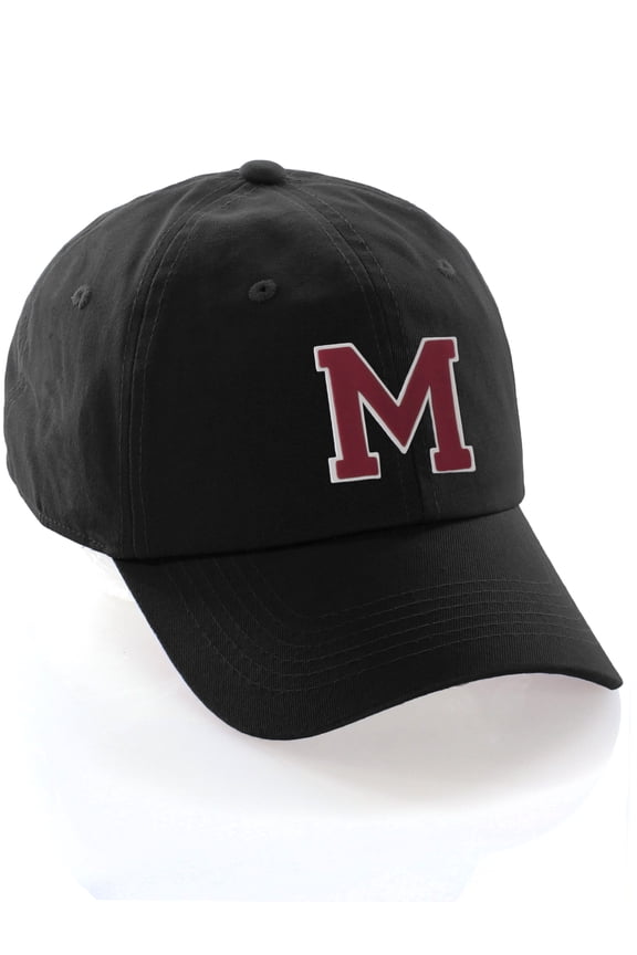 Customized Letter Intial Baseball Hat A to Z Team Colors, Black Cap White Red Letter M