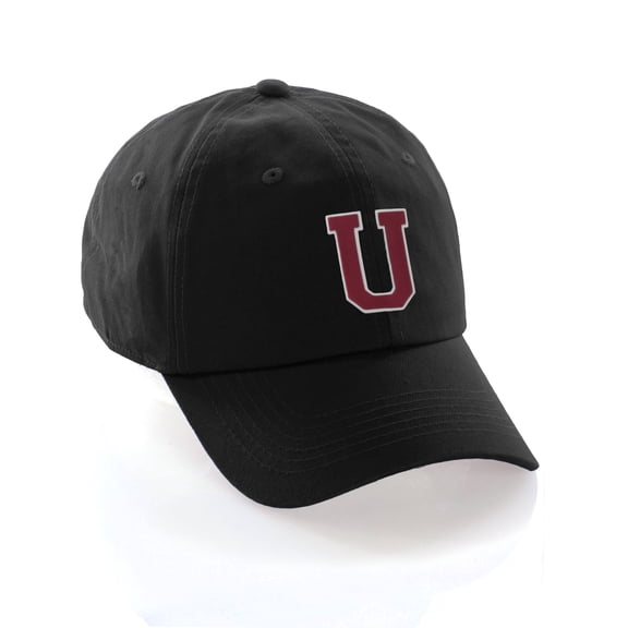 Customized Letter Intial Baseball Hat A to Z Team Colors, Black Cap White Red Letter U