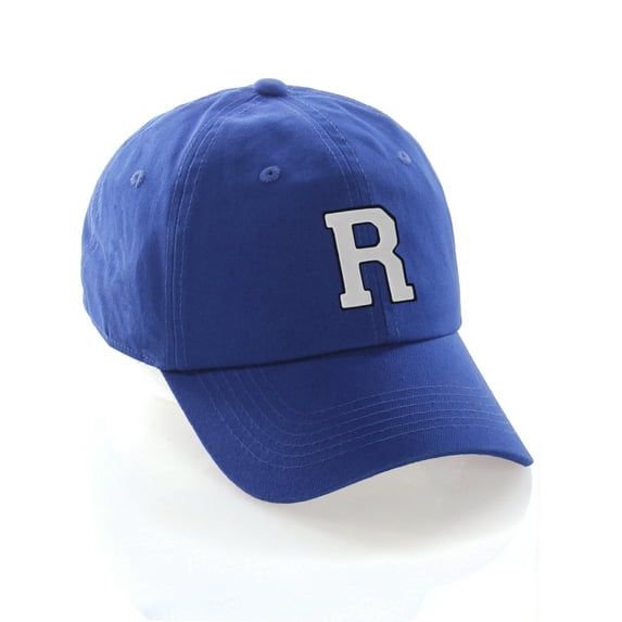 Customized Letter Intial Baseball Hat A to Z Team Colors, Blue Cap Navy White Letter R