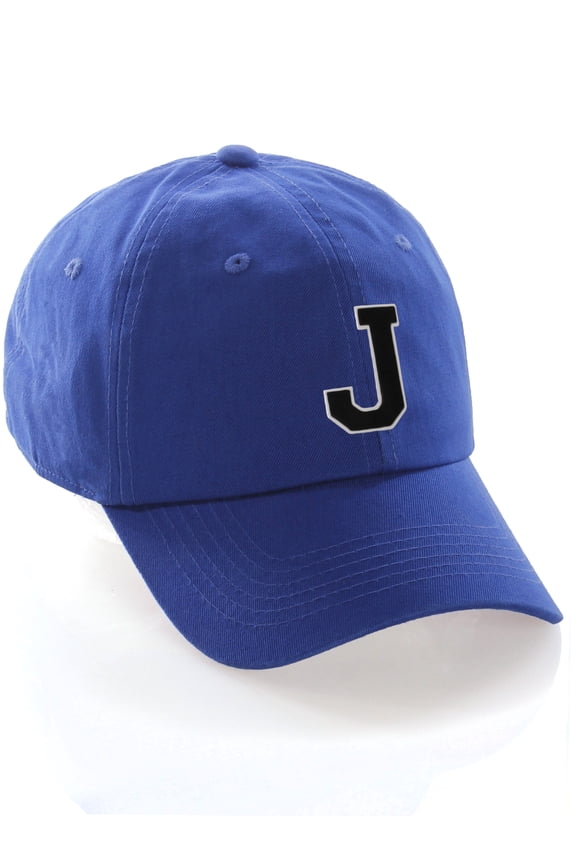 Customized Letter Intial Baseball Hat A to Z Team Colors, Blue Cap White Black Letter J