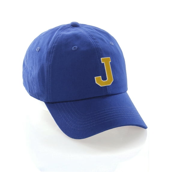 Customized Letter Intial Baseball Hat A to Z Team Colors, Blue Cap White Gold Letter J