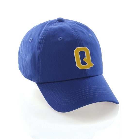 Customized Letter Intial Baseball Hat A to Z Team Colors, Blue Cap White Gold Letter Q