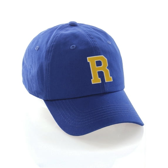 Customized Letter Intial Baseball Hat A to Z Team Colors, Blue Cap White Gold Letter R