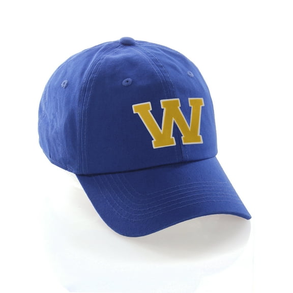 Customized Letter Intial Baseball Hat A to Z Team Colors, Blue Cap White Gold Letter W