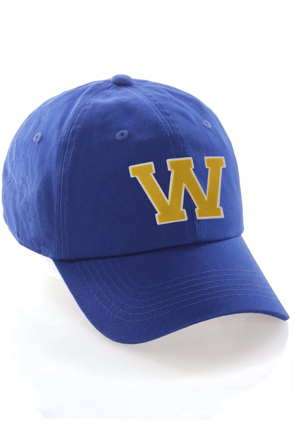 Customized Letter Intial Baseball Hat A to Z Team Colors, Blue Cap White Gold Letter W