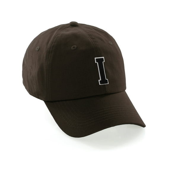 Customized Letter Intial Baseball Hat A to Z Team Colors, Brown Cap White Black Letter I