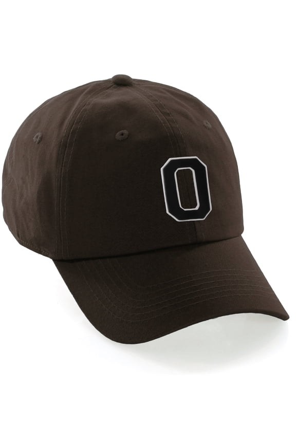 Customized Letter Intial Baseball Hat A to Z Team Colors, Brown Cap White Black Letter O