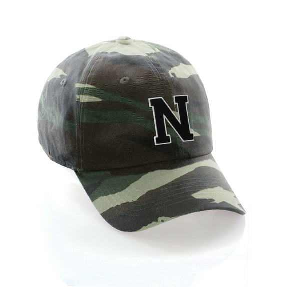 Customized Letter Intial Baseball Hat A to Z Team Colors, Camo Cap White Black Letter N