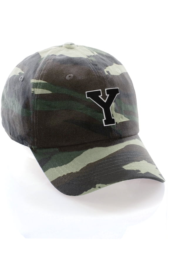 Customized Letter Intial Baseball Hat A to Z Team Colors, Camo Cap White Black Letter Y