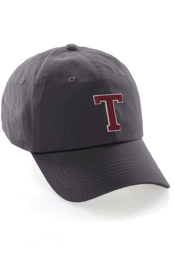 Customized Letter Intial Baseball Hat A to Z Team Colors, Charcoal Cap White Red Letter T